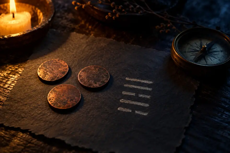Original atmospheric illustration of three worn copper-colored coins on dark paper beside a compass.